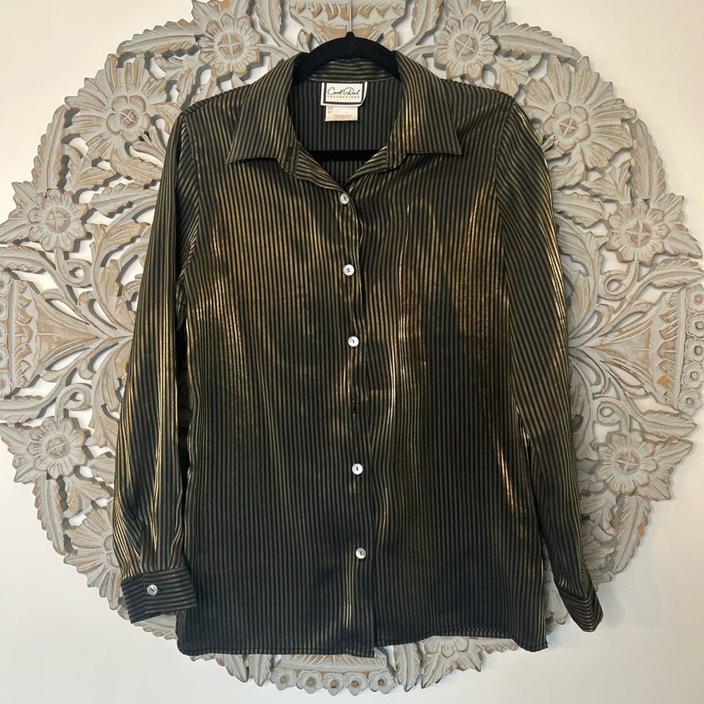 Vintage Carroll Reed Striped Gold & Black Long Sleeve Shirt – Size Large